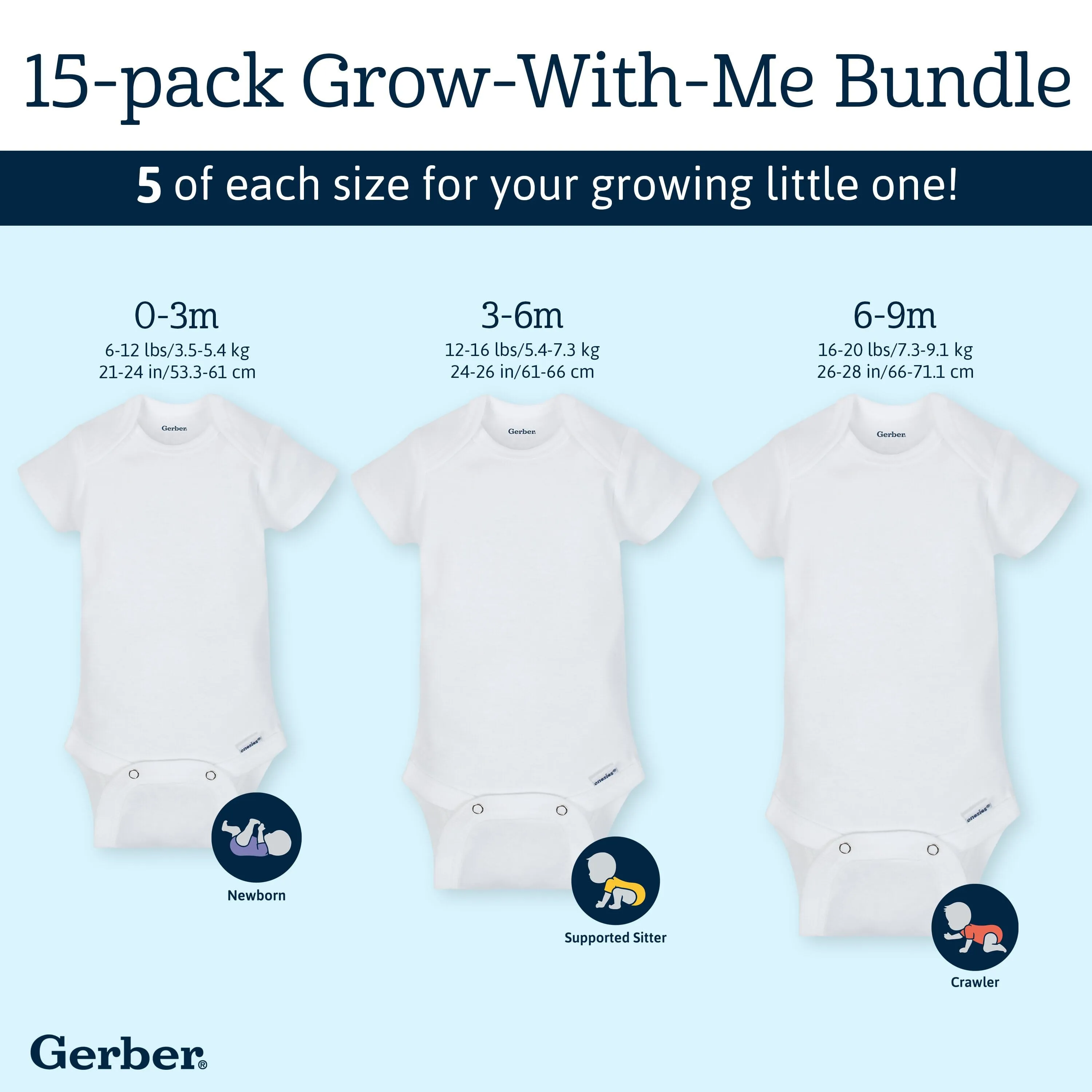 15-Pack Grow-With-Me White Short Sleeve Onesies® Bodysuit Assorted Size Set