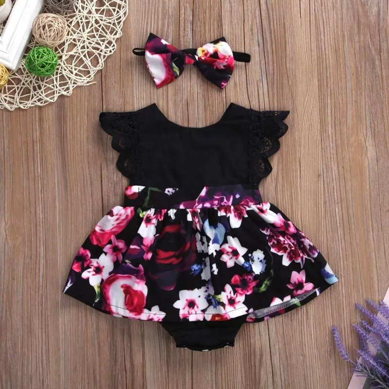 2-piece Ruffle Floral Printed Bodysuit & Headwear for Baby Girl Wholesale children's clothing