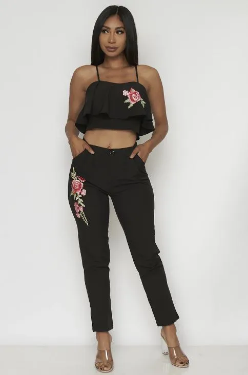 2pc Black Embroidered Crop Top and Pants Set