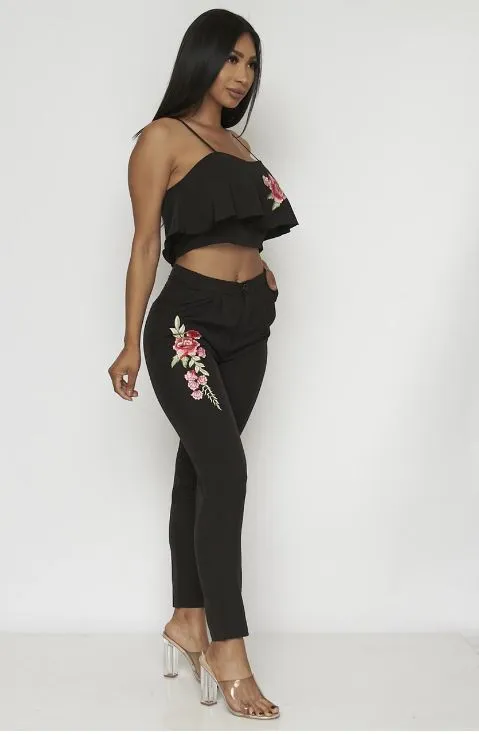 2pc Black Embroidered Crop Top and Pants Set