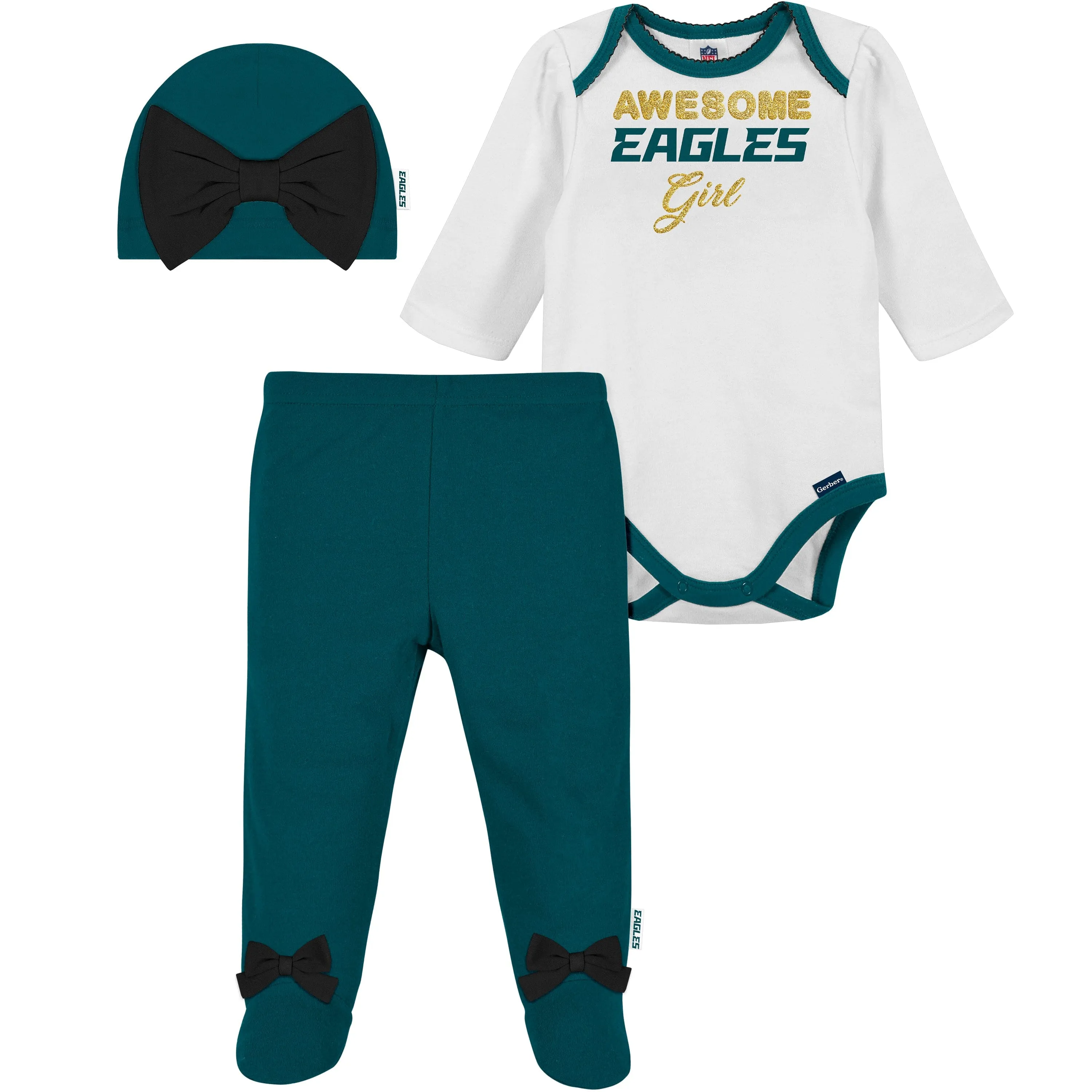 3-Piece Baby Girls Philadelphia Eagles Bodysuit, Footed Pant, and Cap Set