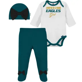 3-Piece Baby Girls Philadelphia Eagles Bodysuit, Footed Pant, and Cap Set