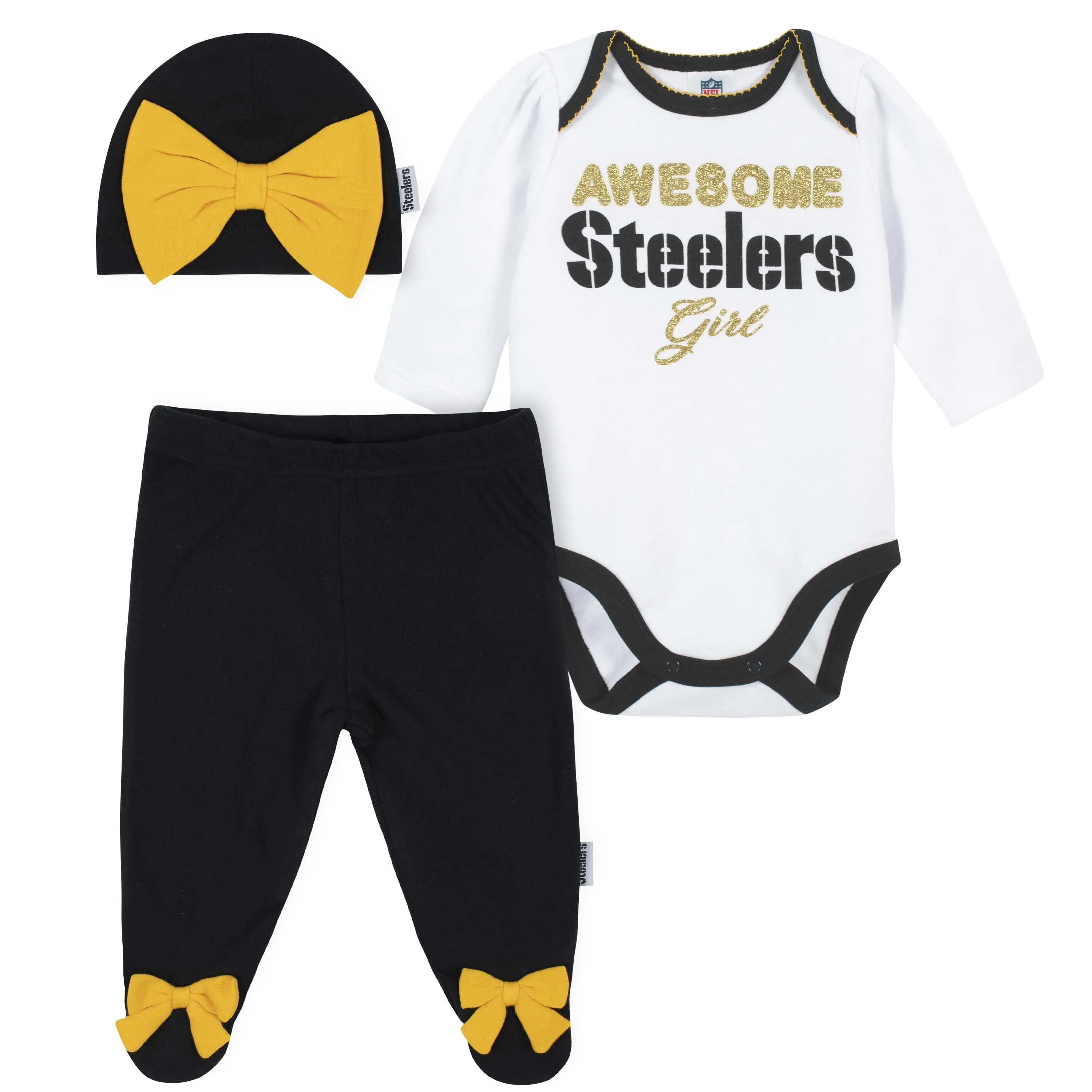 3-Piece Baby Girls Pittsburgh Steelers Bodysuit, Footed Pant, and Cap Set