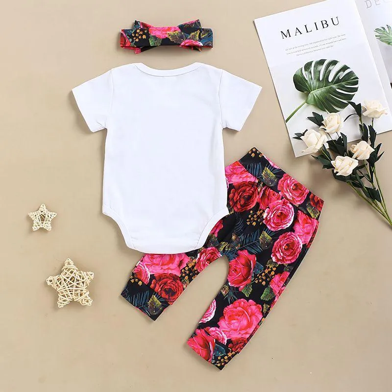 3-piece Letter Pattern Bodysuit & Floral Printed Pants & Headband for Baby Girl