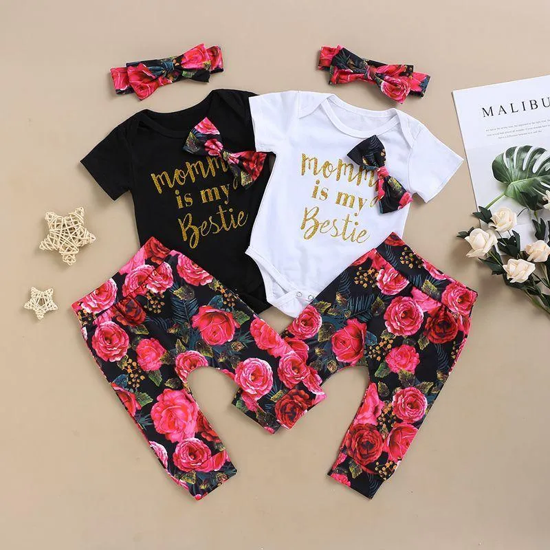 3-piece Letter Pattern Bodysuit & Floral Printed Pants & Headband for Baby Girl