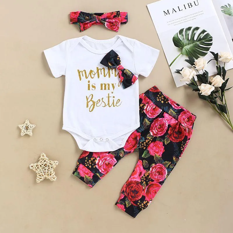 3-piece Letter Pattern Bodysuit & Floral Printed Pants & Headband for Baby Girl