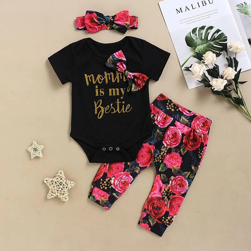 3-piece Letter Pattern Bodysuit & Floral Printed Pants & Headband for Baby Girl