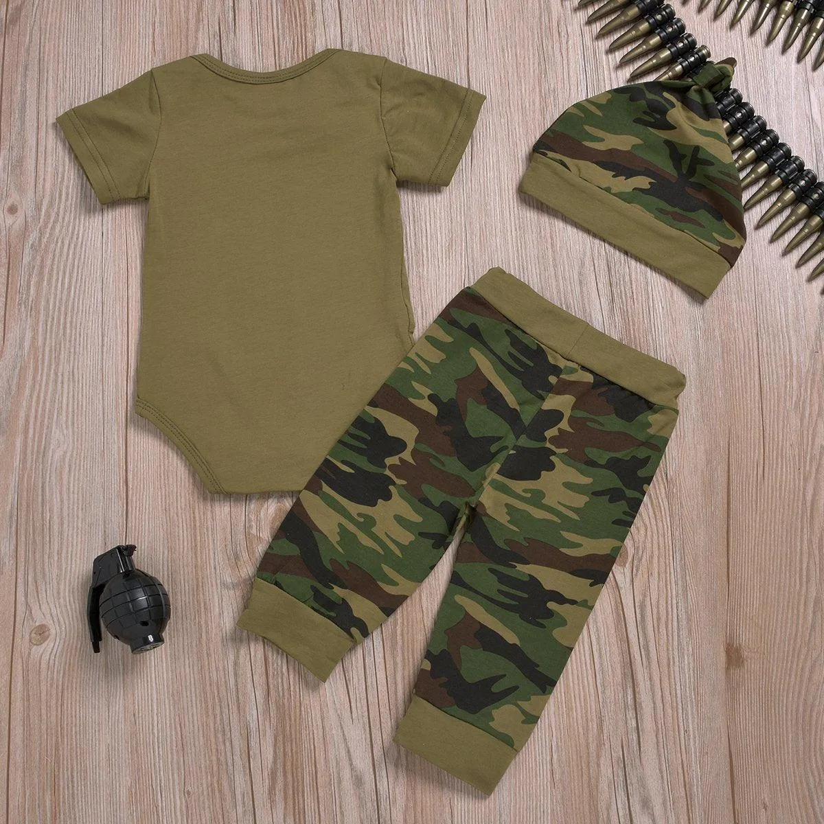 3-Piece Short-Sleeve Letter Print Bodysuit, Camouflage Pants and Hat for Baby Clothing Wholesale