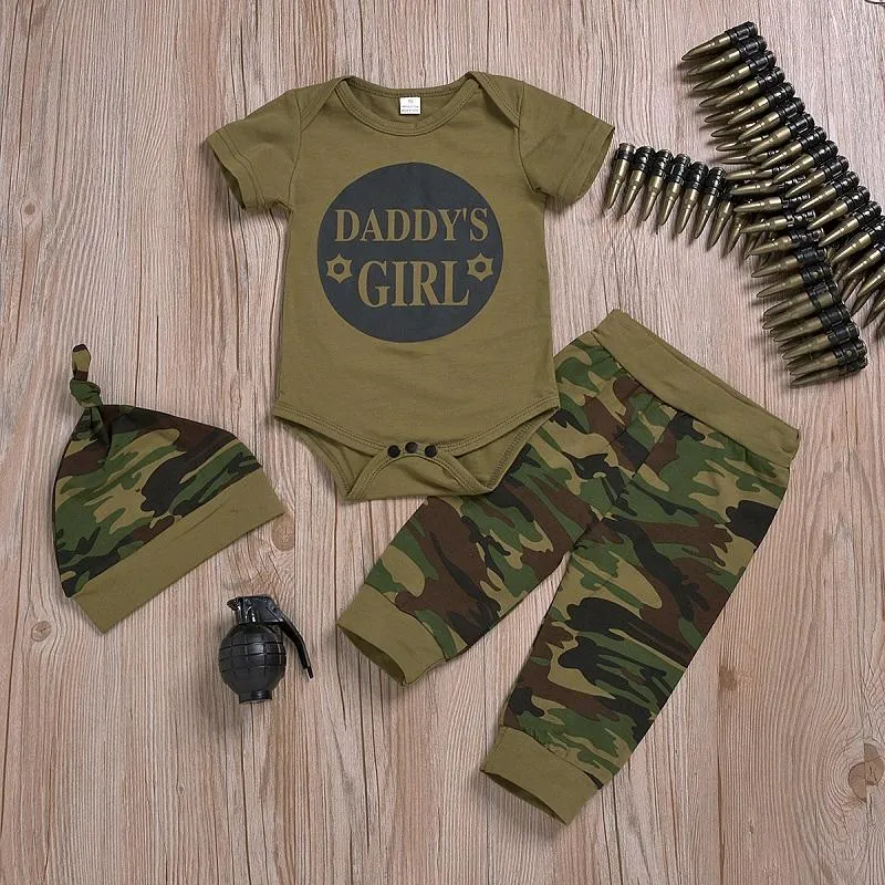 3-Piece Short-Sleeve Letter Print Bodysuit, Camouflage Pants and Hat for Baby Clothing Wholesale