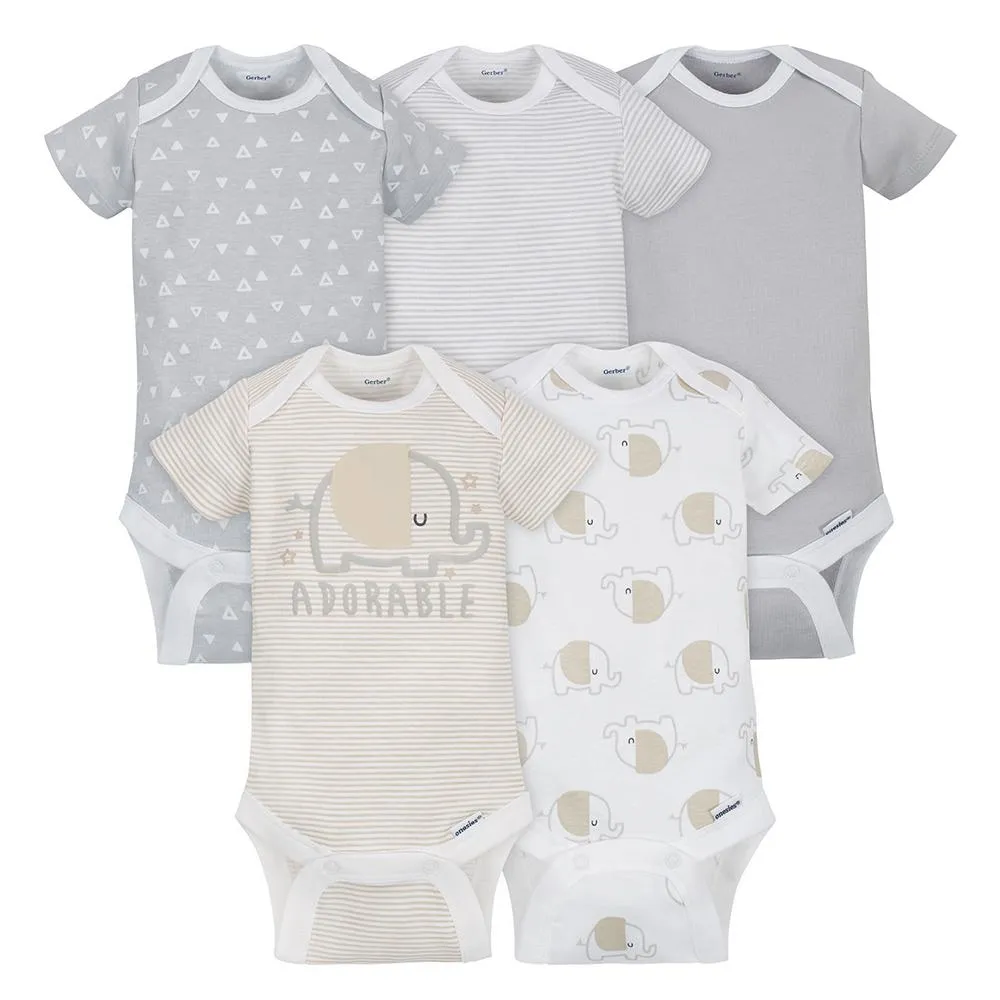 5-Pack Neutral Grey Elephant Short Sleeve Onesies® Bodysuits