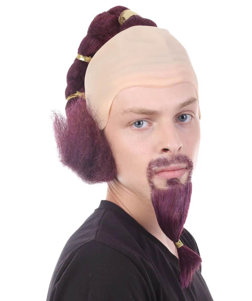 Adult Men's Genie Wig with Beard and Mustache Set, Burgundy I Breathable Bald Cap I Non-flammable Synthetic Fiber