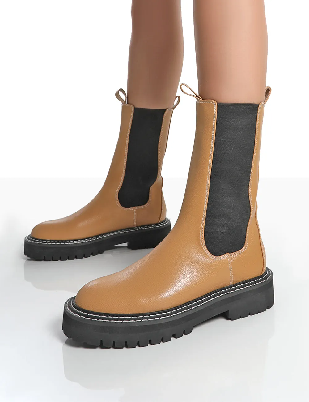 Animate Camel Ankle Chunky Sole Chelsea Boots