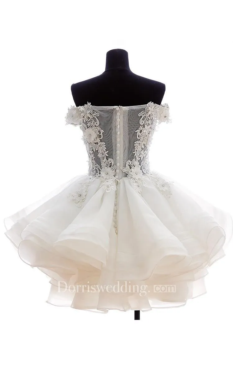 Ball Gown Mini Off-The-Shoulder Appliques Button Zipper Corset Back Lace Organza Dress