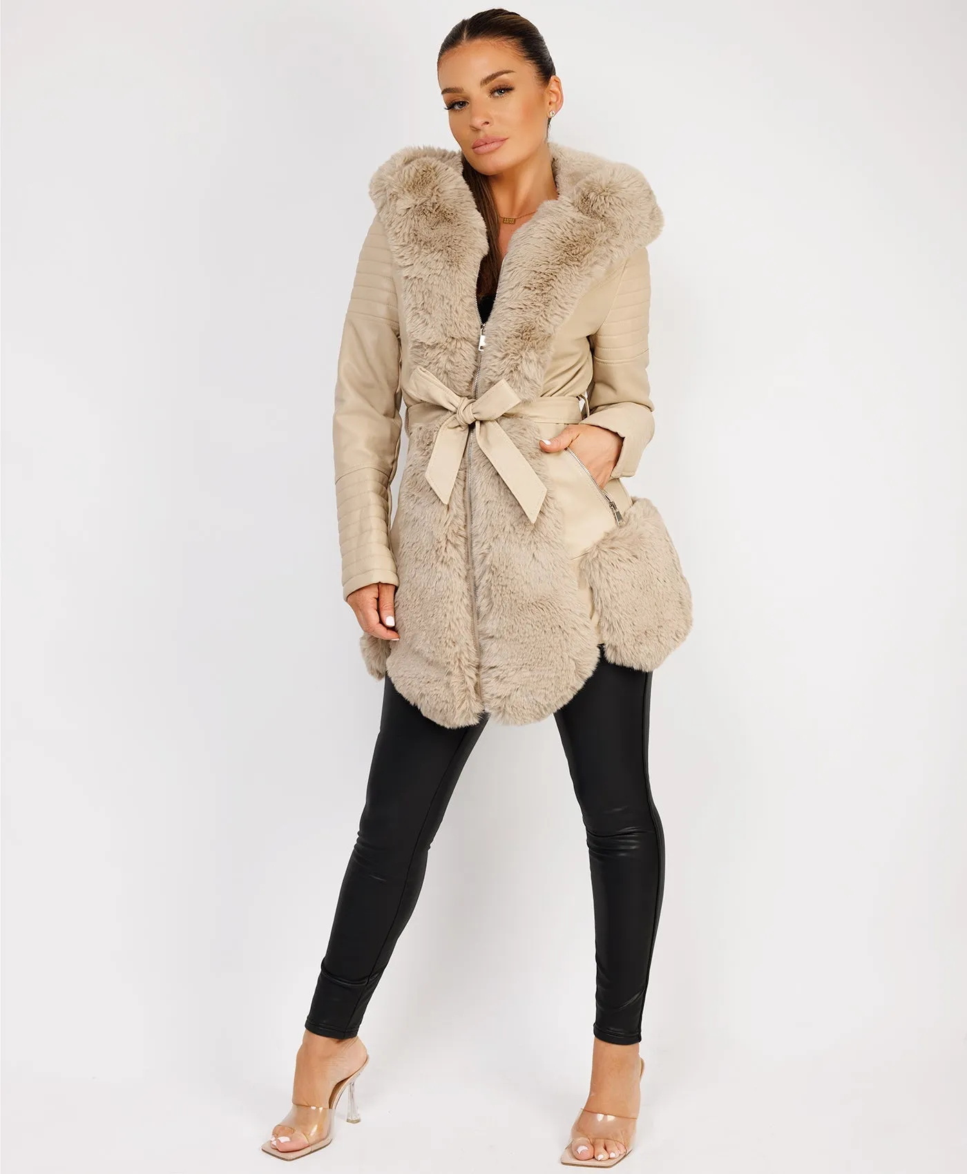 Beige Faux Fur Panel Waist Belted Faux Leather Jacket