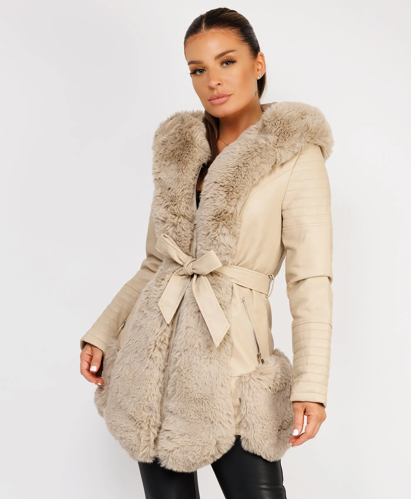 Beige Faux Fur Panel Waist Belted Faux Leather Jacket