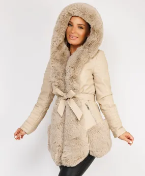 Beige Faux Fur Panel Waist Belted Faux Leather Jacket