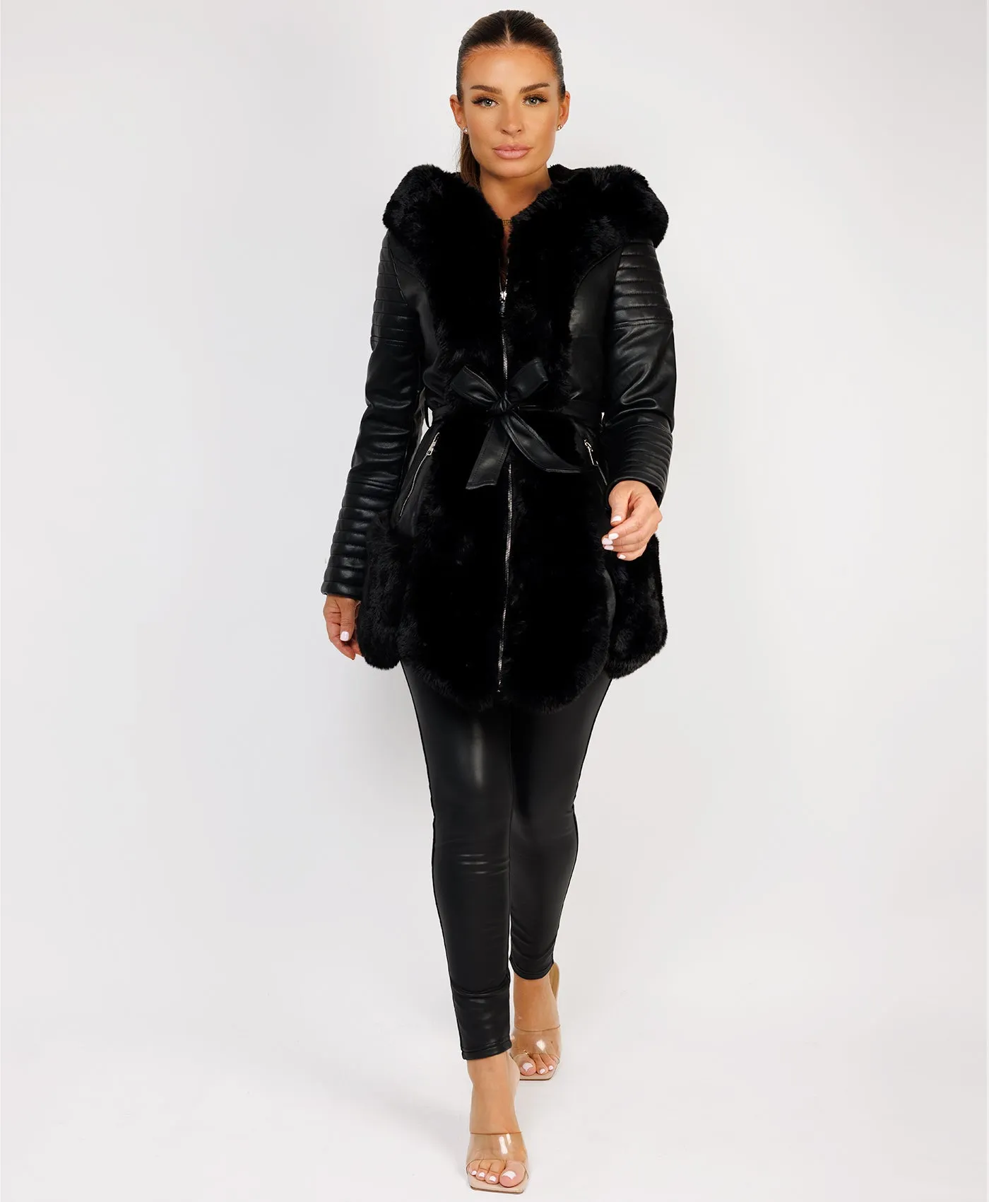 Black Faux Fur Panel Waist Belted Faux Leather Jacket