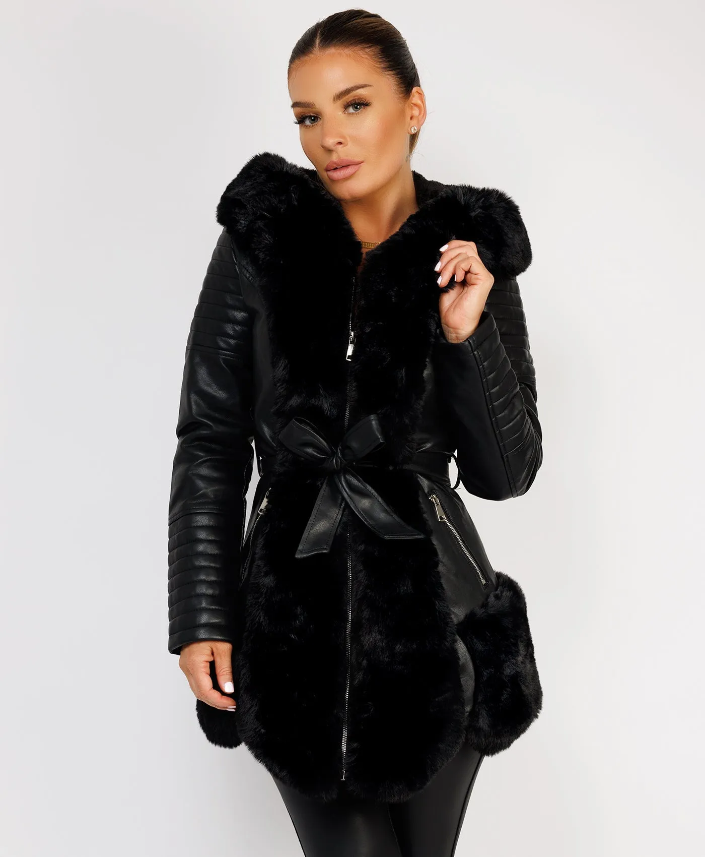 Black Faux Fur Panel Waist Belted Faux Leather Jacket