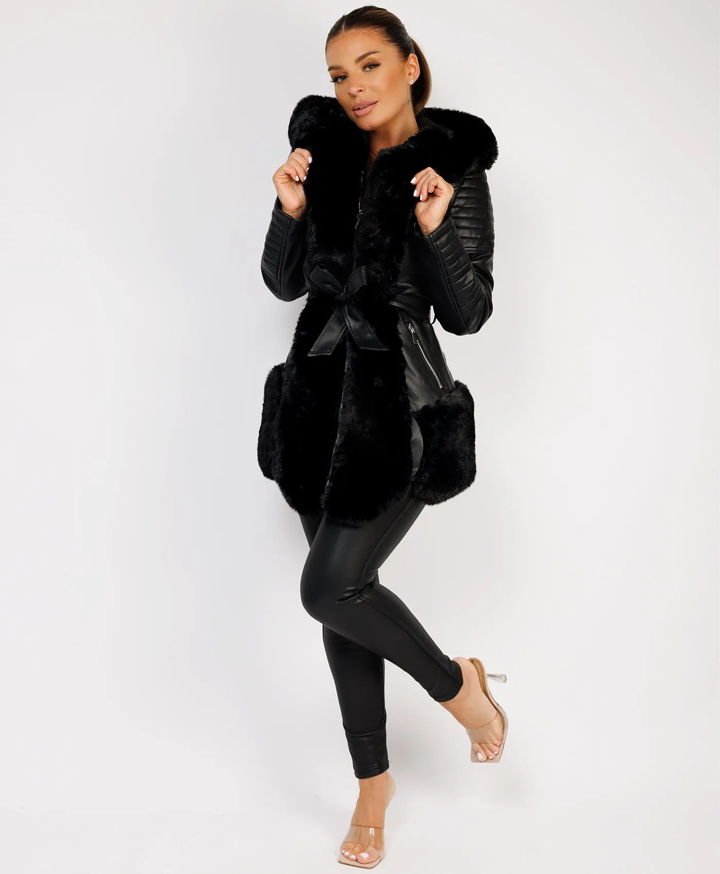 Black Faux Fur Panel Waist Belted Faux Leather Jacket