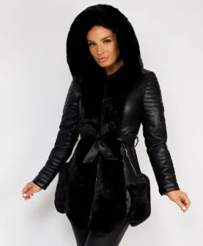 Black Faux Fur Panel Waist Belted Faux Leather Jacket