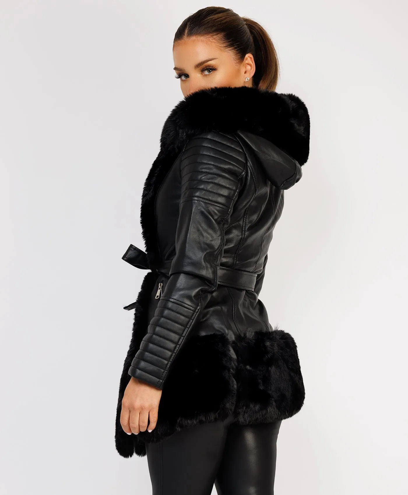 Black Faux Fur Panel Waist Belted Faux Leather Jacket