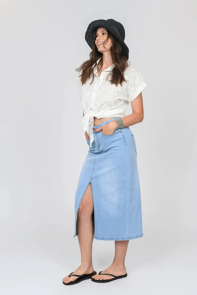 BLEACH DENIM FRONT SLIT SKIRT