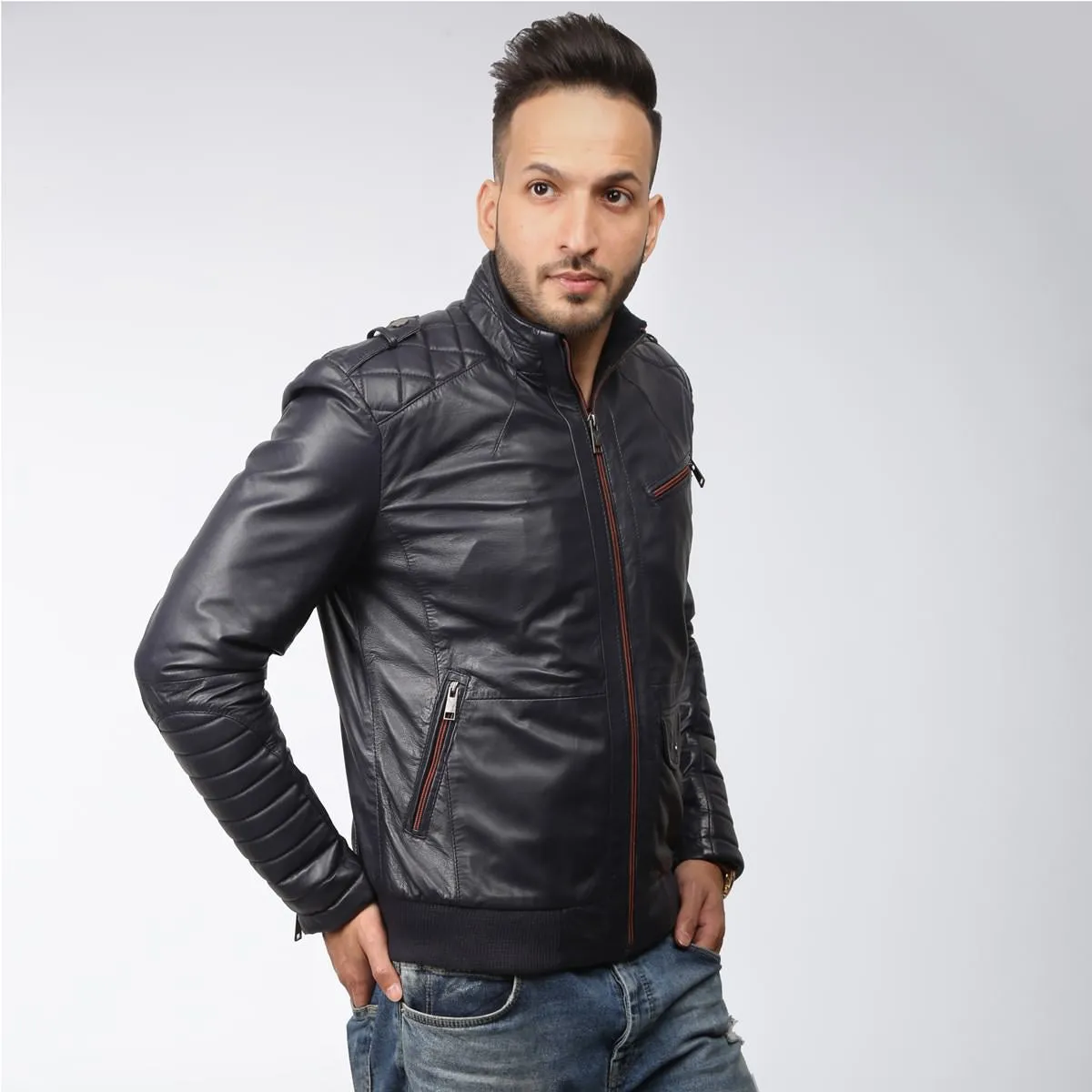 Blue Quilted Details Leather Bomber Jacket By Bareskin