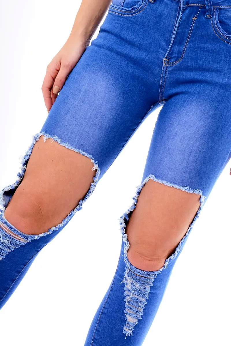 Blue Ripped Knee Skinny Denim Jeans - Bryony