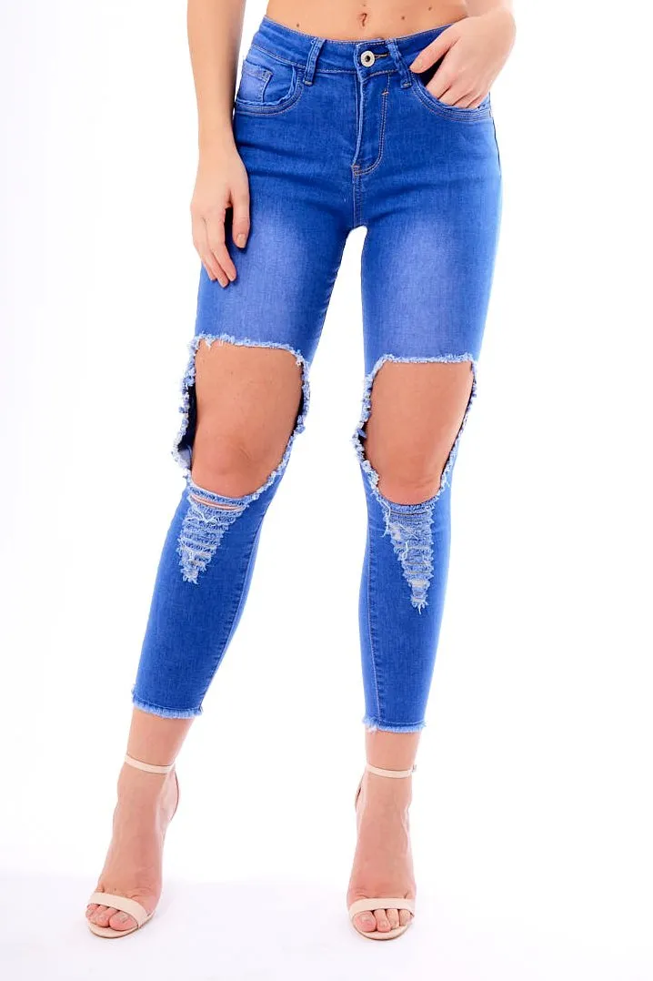 Blue Ripped Knee Skinny Denim Jeans - Bryony