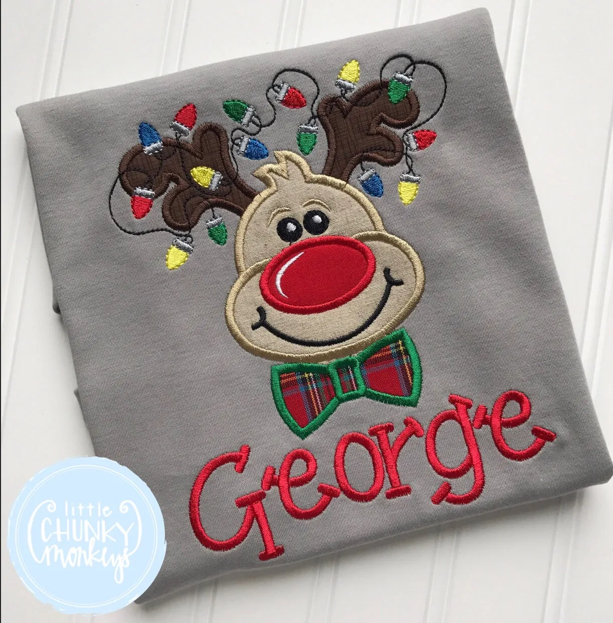 Boy Shirt -Rudolph with Christmas Lights on Grey Shirt