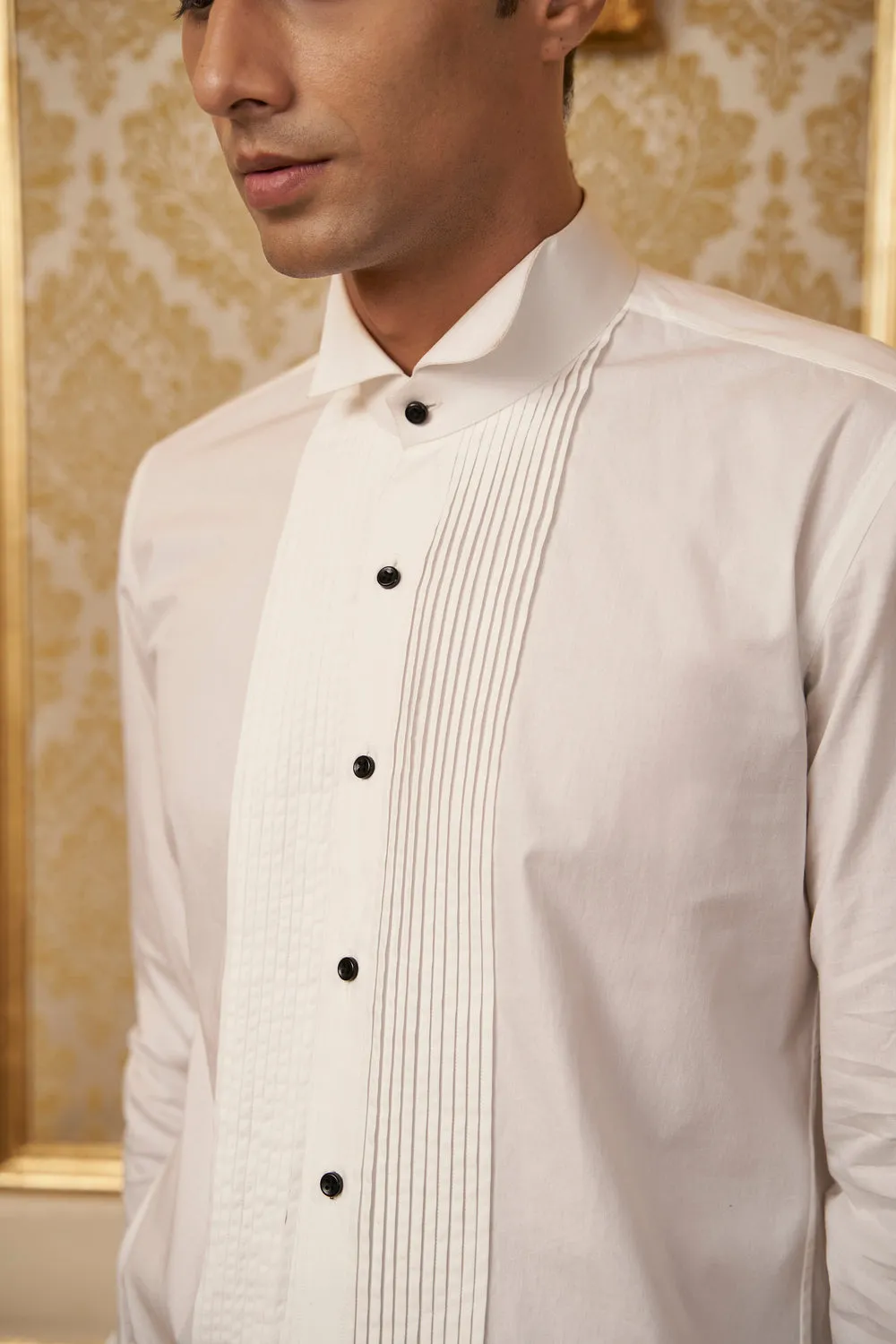 Bright White Pintuck Wing Collar Shirt