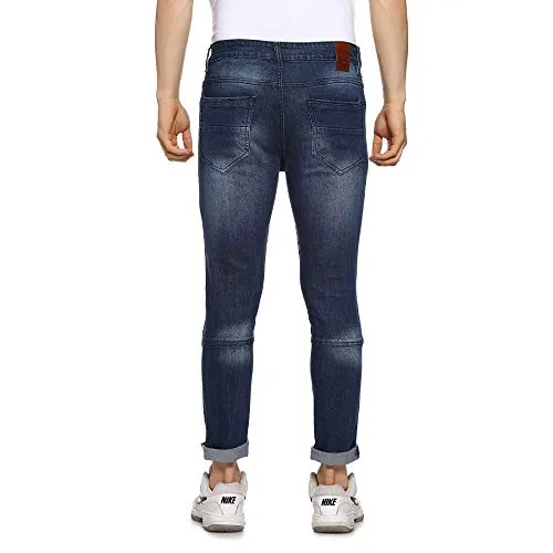 Campus Sutra Men’s Classic Blue Dark-Washed Distressed Patterned Regular Fit Denim Jeans Premium Stretchable Cotton Mid-Rise Crafted with Comfort Fit and High Performance for Everyday Wear