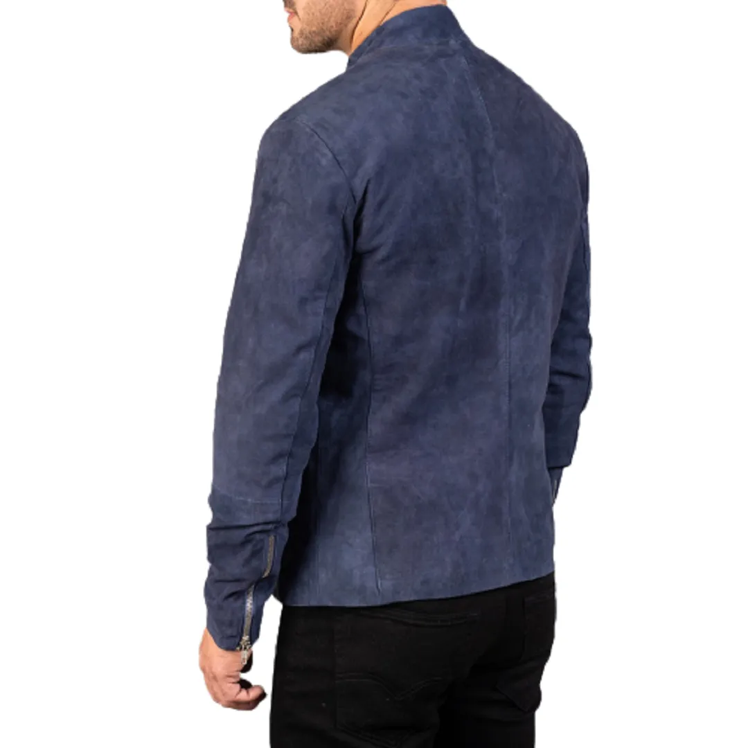 Charcoal Navy Blue Suede Leather Biker Jacket