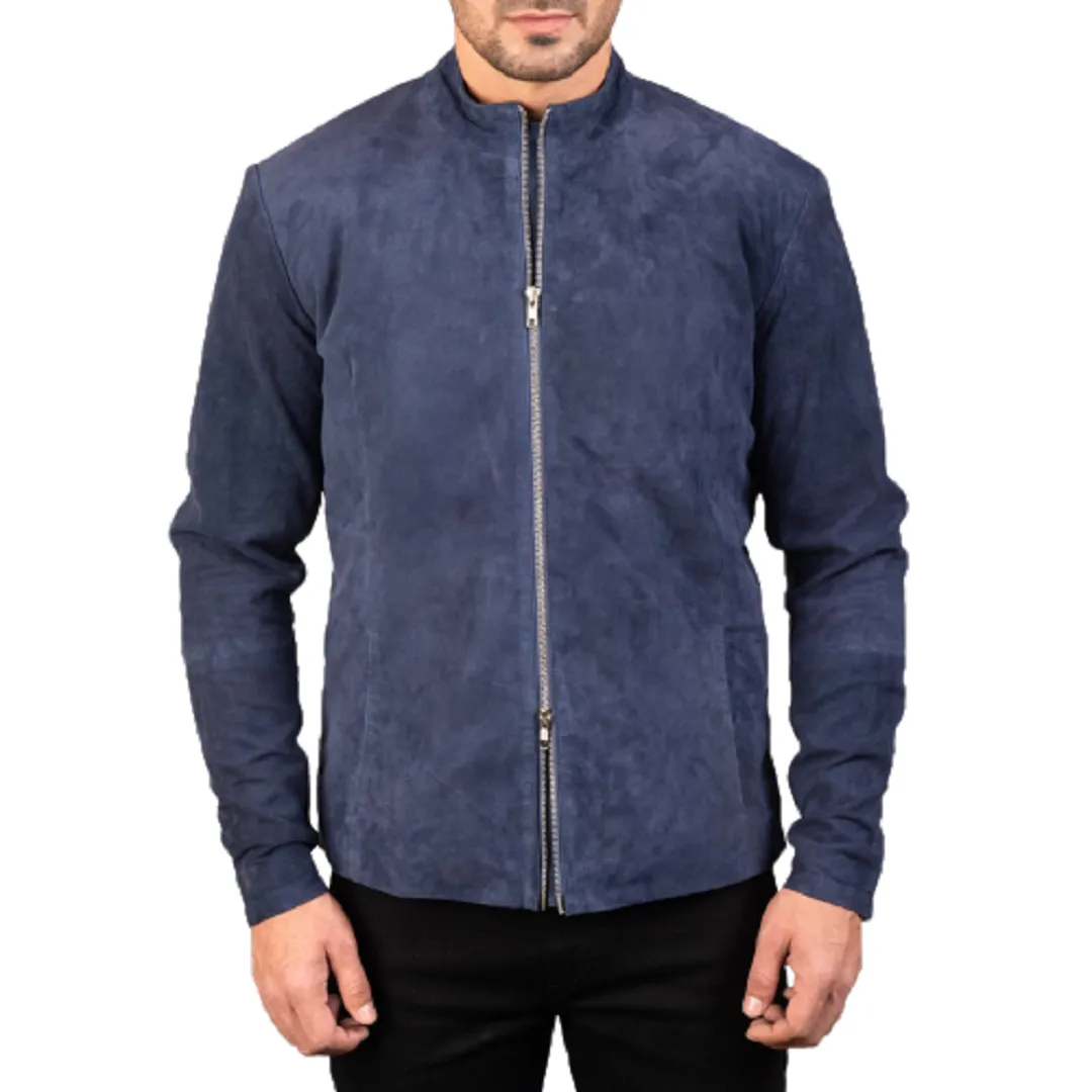 Charcoal Navy Blue Suede Leather Biker Jacket