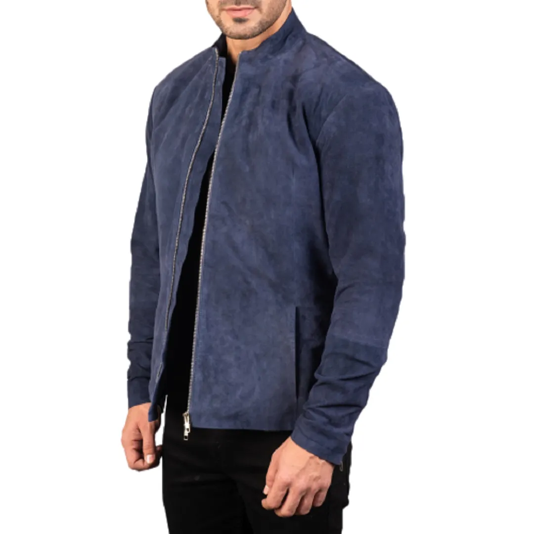 Charcoal Navy Blue Suede Leather Biker Jacket