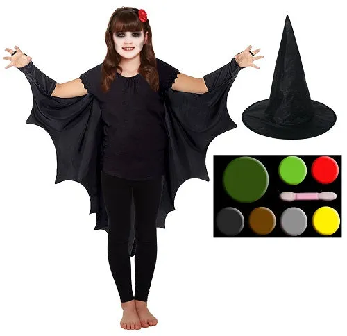 Children's Bat Cape, Witch Hat, and Makeup Set - Halloween Costume for Kids with Playful Dress-Up Accessories and Spooky Fun Face Paint