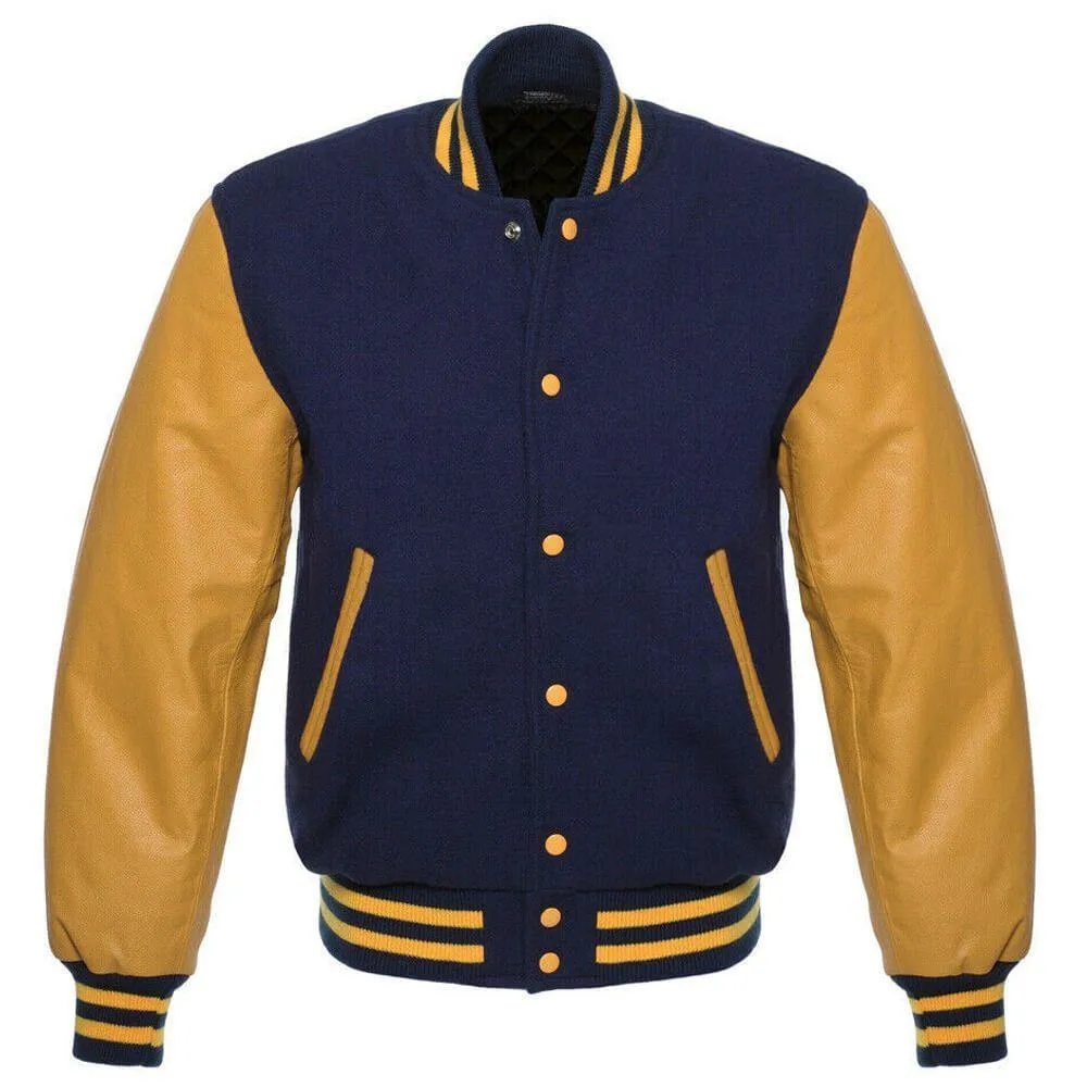 Classic Navy Blue and Yellow Letterman Jacket with Customizable Logos