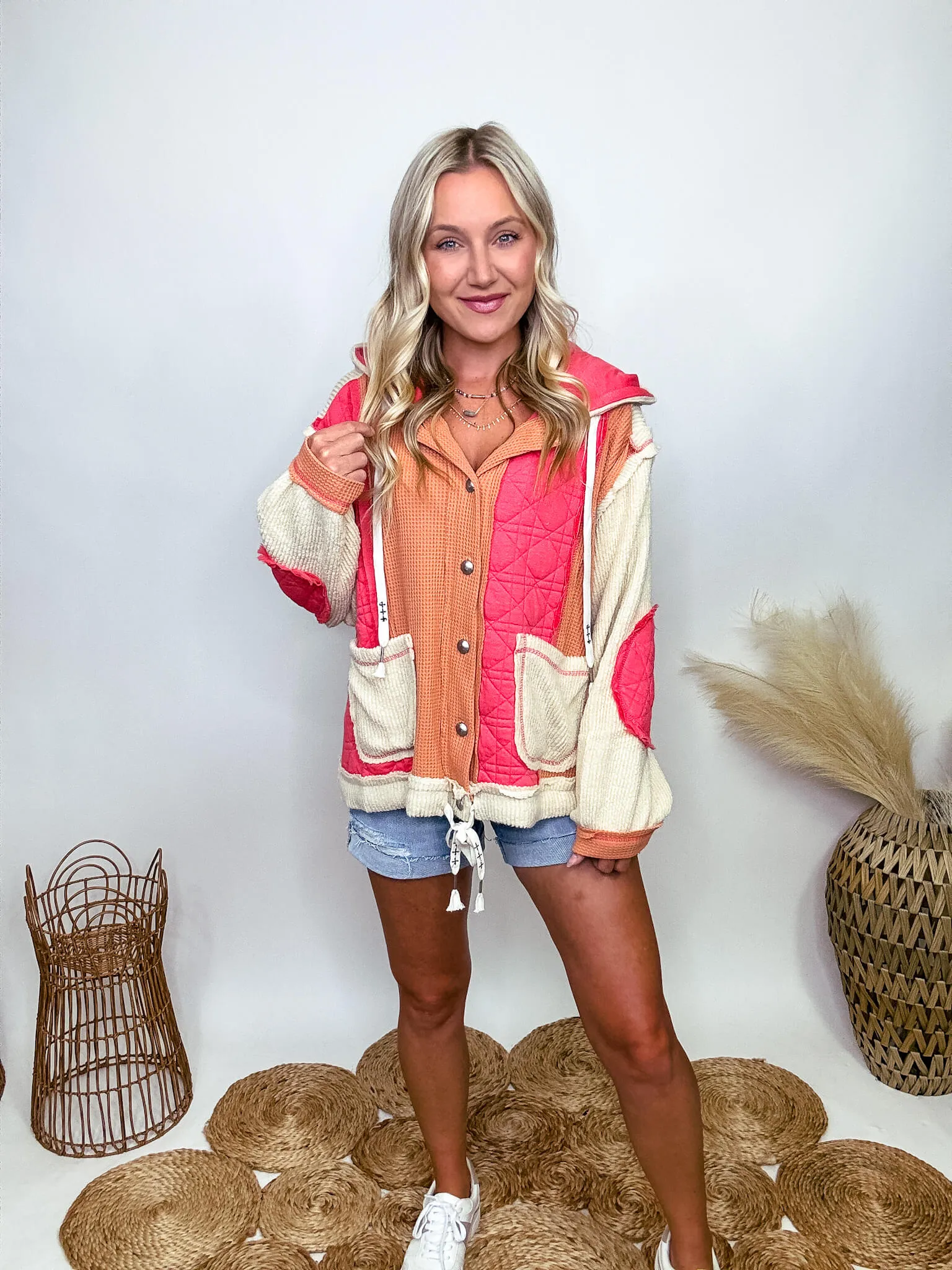 Coral and Orange Quilted Patchwork Button Up Oversized Hoodie Jacket