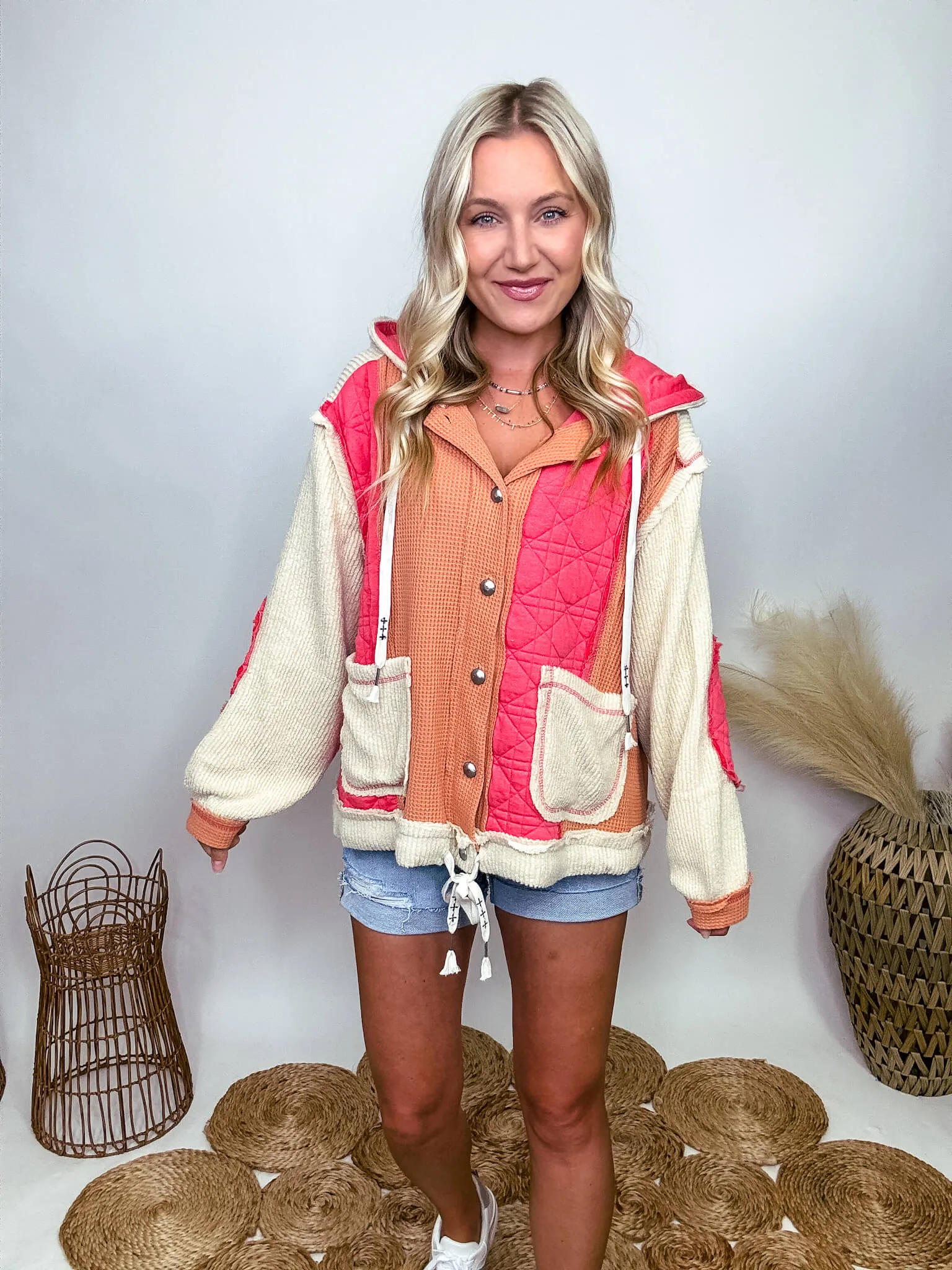 Coral and Orange Quilted Patchwork Button Up Oversized Hoodie Jacket