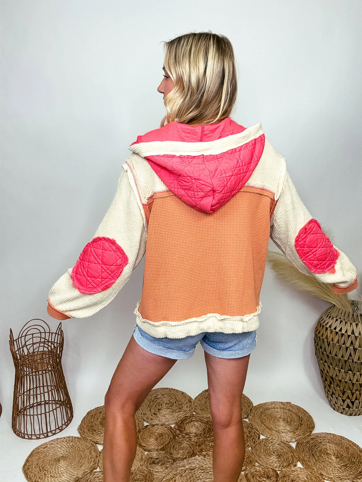 Coral and Orange Quilted Patchwork Button Up Oversized Hoodie Jacket