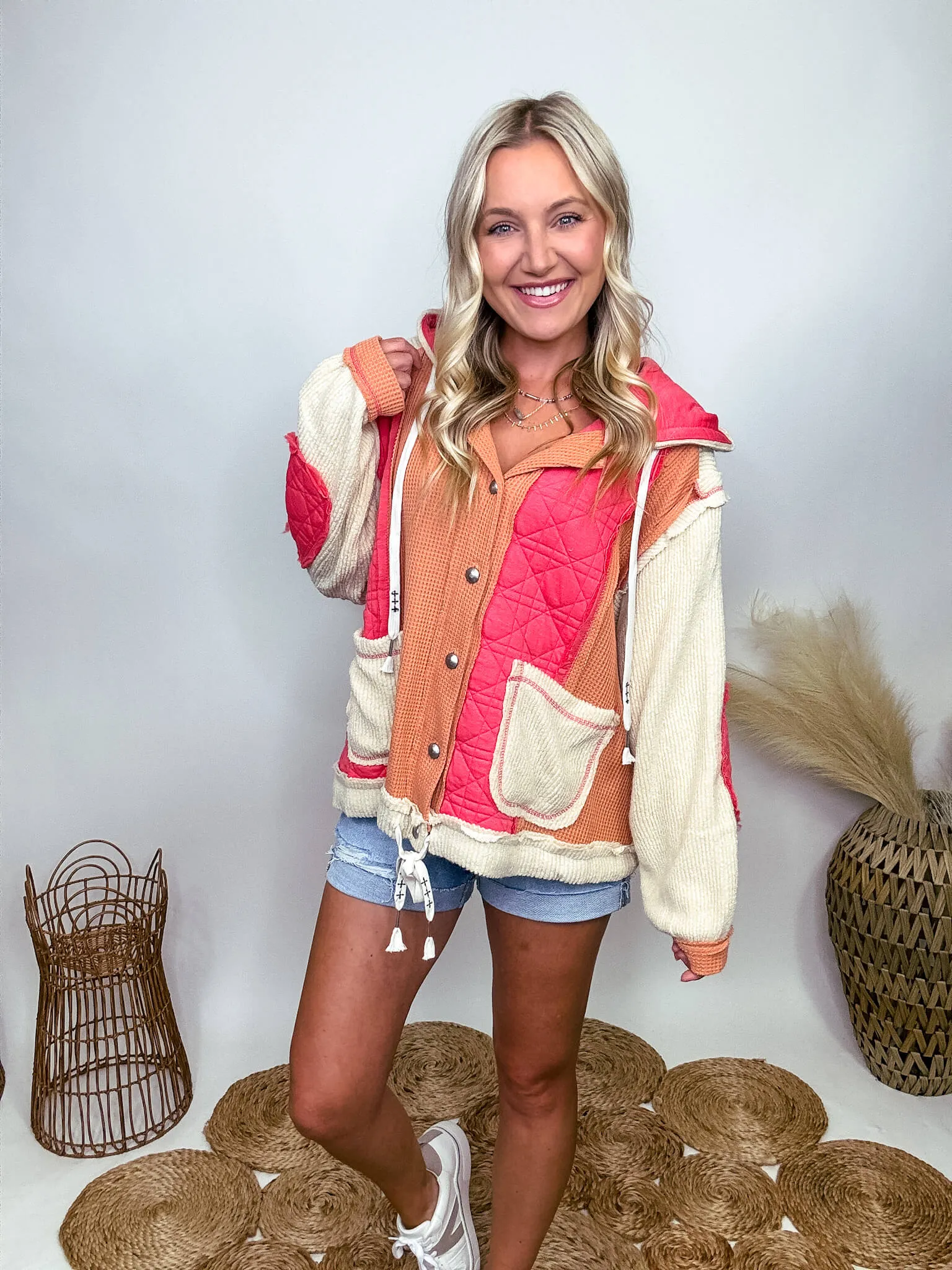 Coral and Orange Quilted Patchwork Button Up Oversized Hoodie Jacket