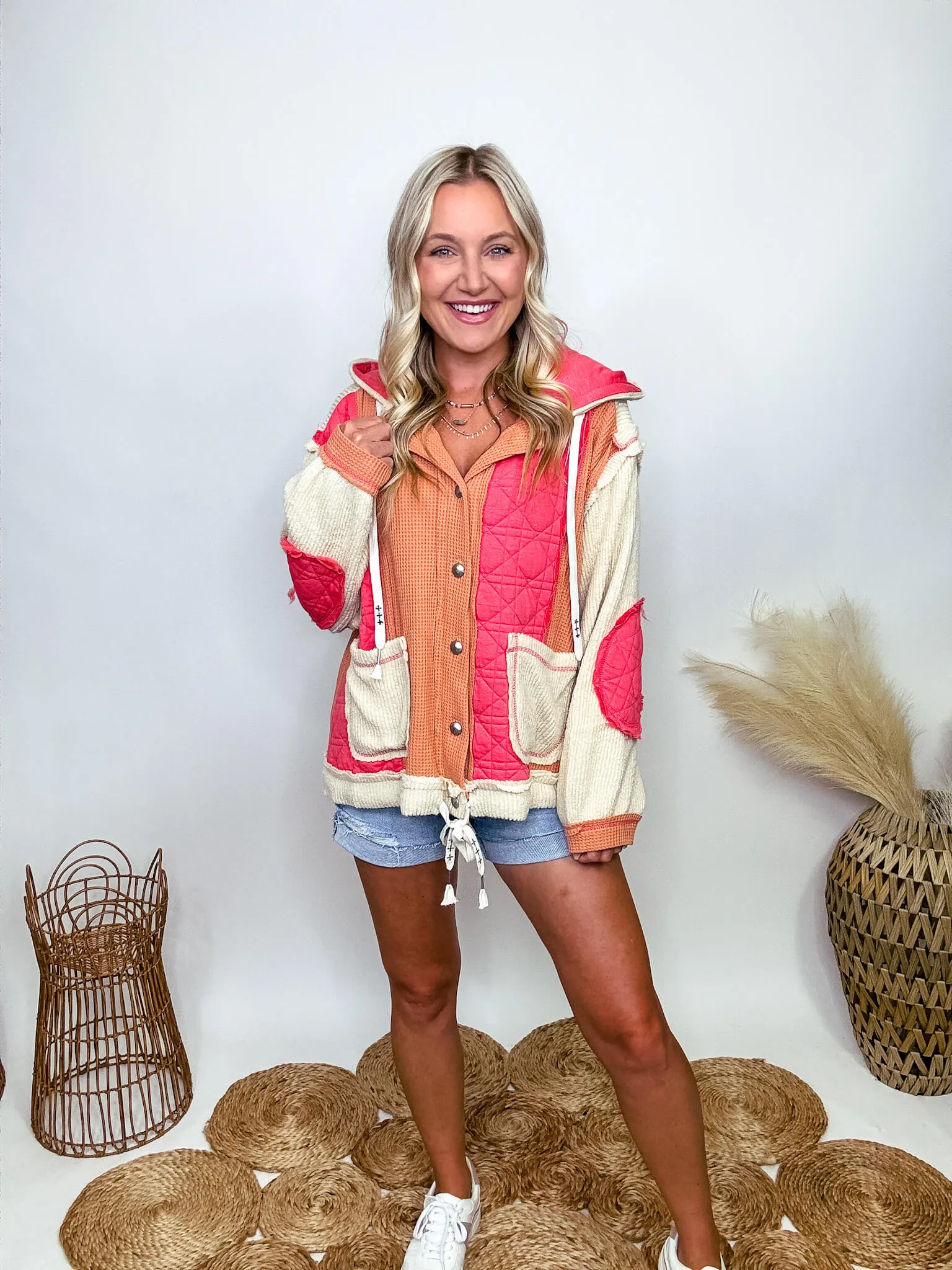 Coral and Orange Quilted Patchwork Button Up Oversized Hoodie Jacket