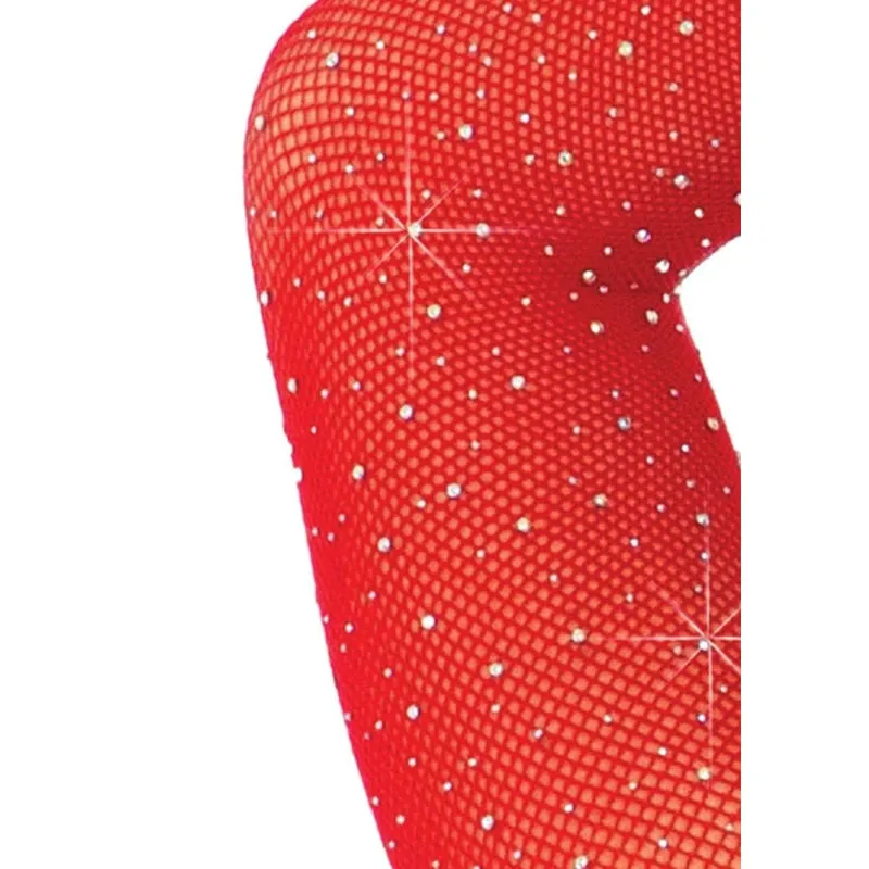 Crystalized Long Sleeve Fishnet Thong Back Bodysuit - One Size - Red