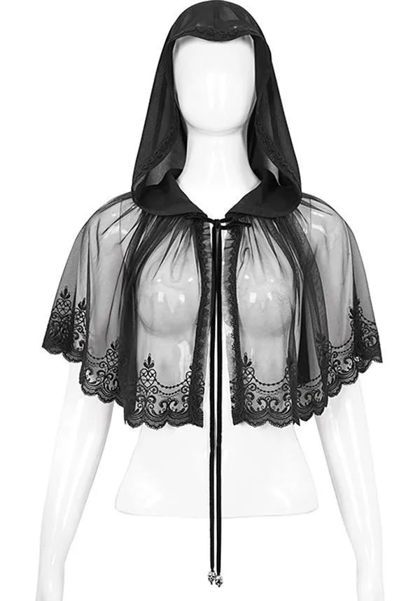 Devil Fashion Gothic Sheer Lace Trim Hooded Cape - Black