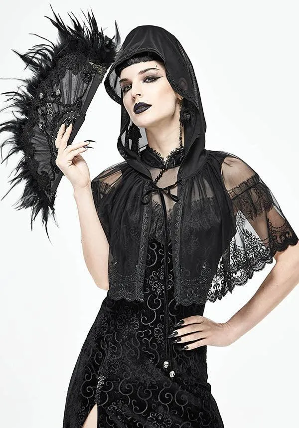 Devil Fashion Gothic Sheer Lace Trim Hooded Cape - Black