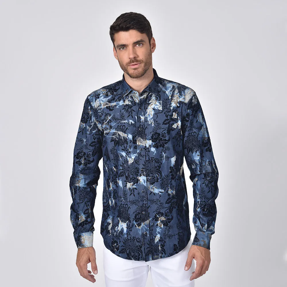 Distressed Denim Floral Flocking Button Down Shirt