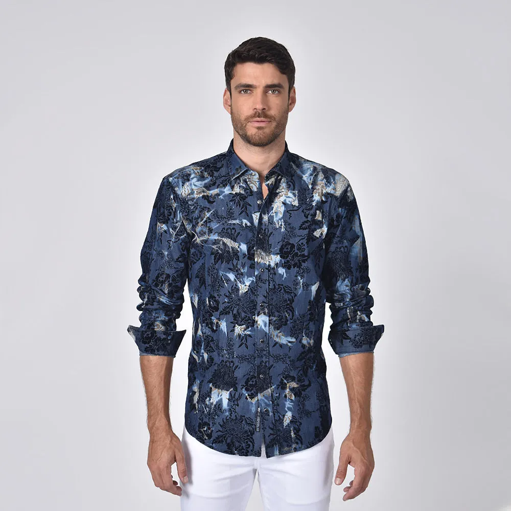 Distressed Denim Floral Flocking Button Down Shirt