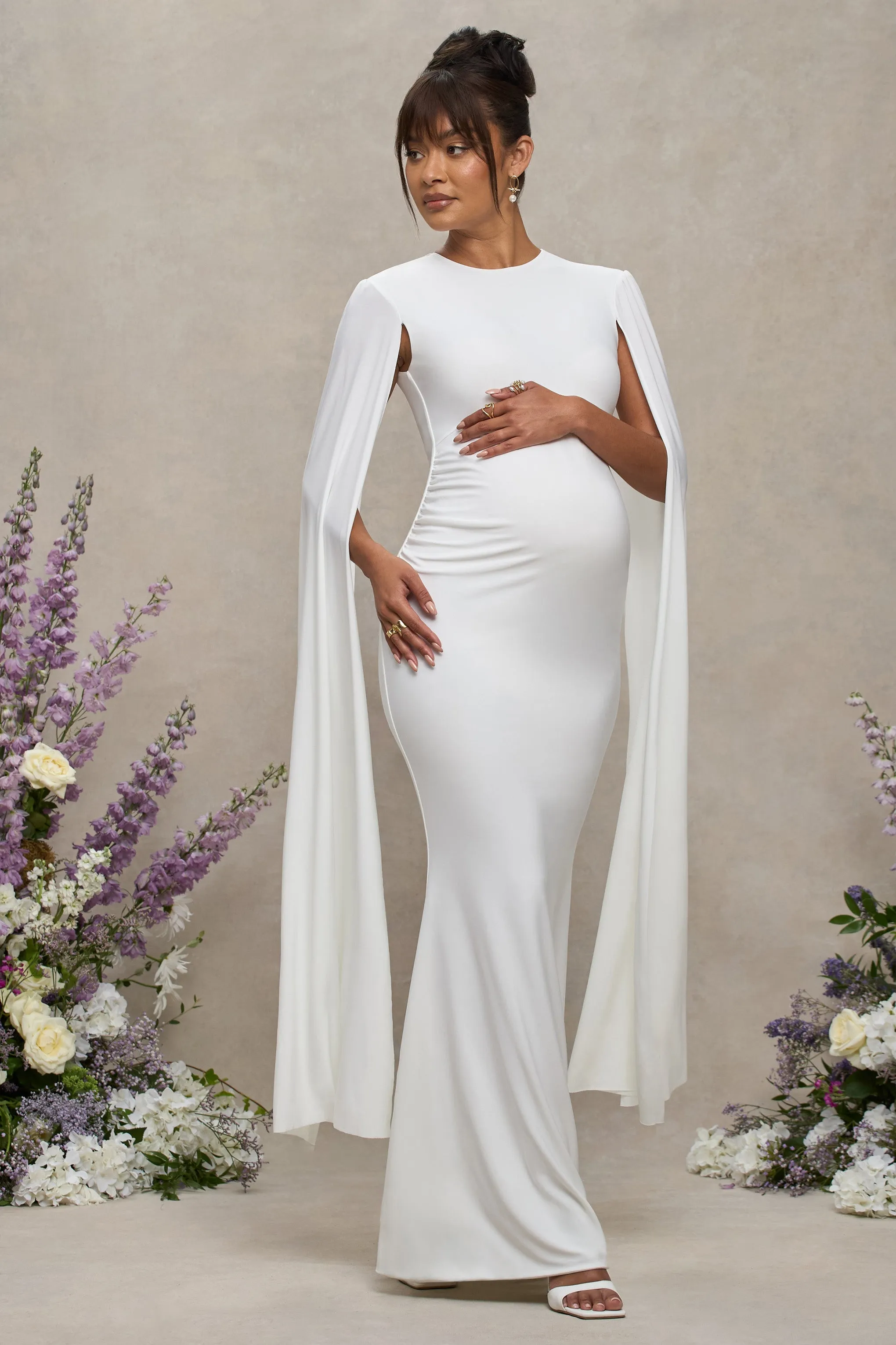 Divine Timing | White Maternity Maxi Dress With Cape Sleeves