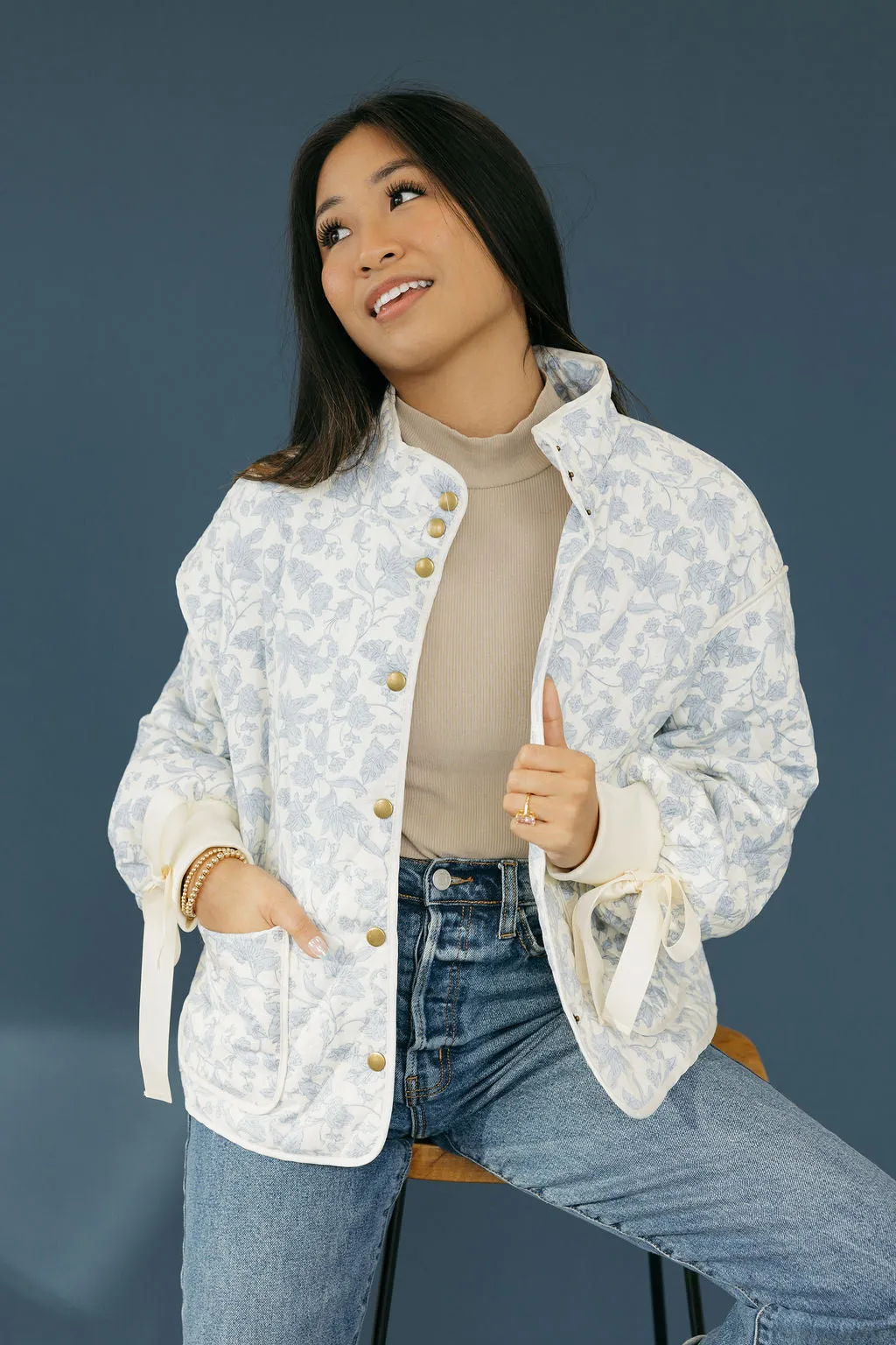 Etta Quilted Jacket-Ivory Blue Floral