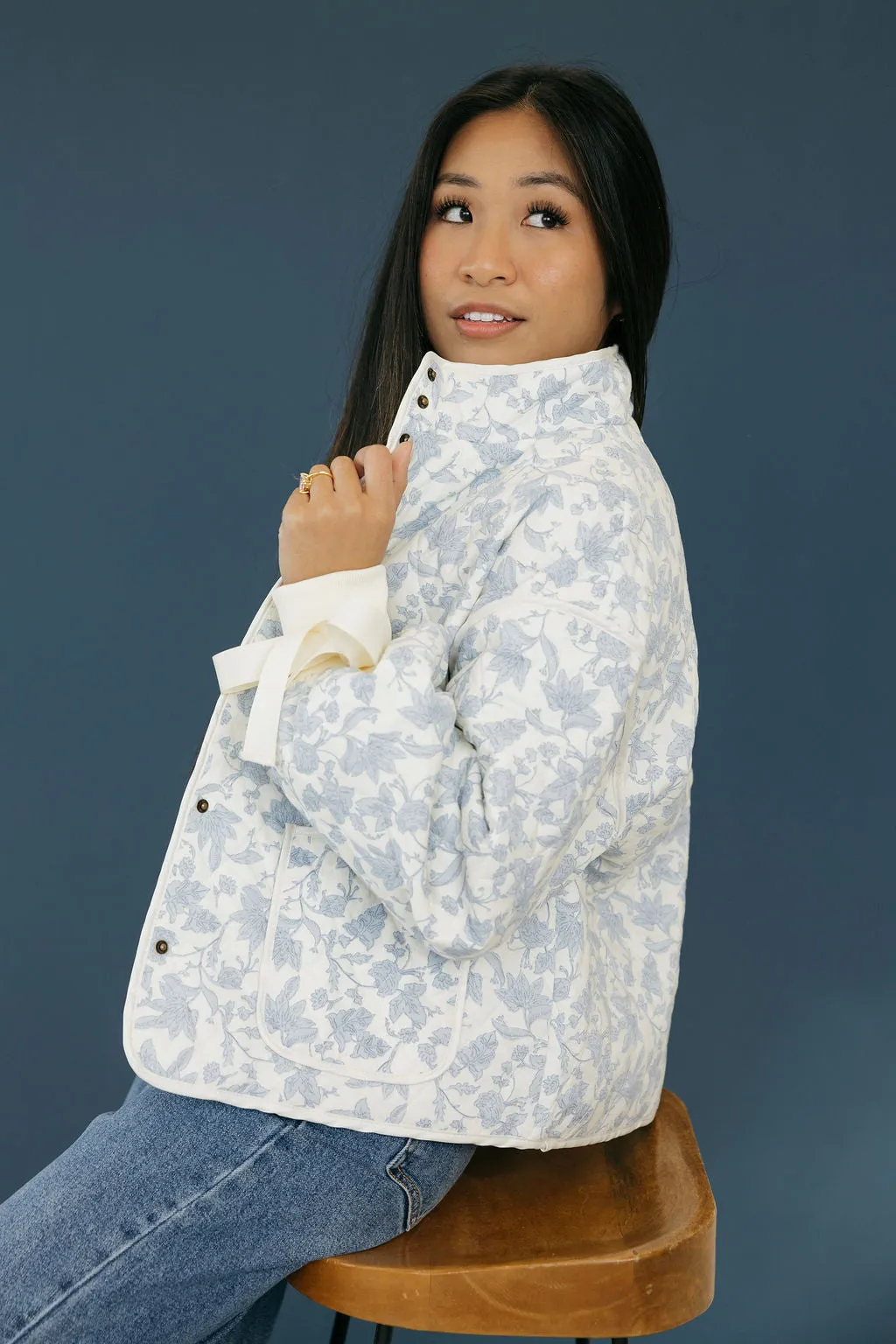 Etta Quilted Jacket-Ivory Blue Floral